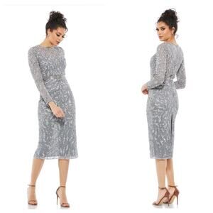 Mac Duggal Long Sleeve Sequin Embellished Illusion Sheath Dress Platinum 8 NWT